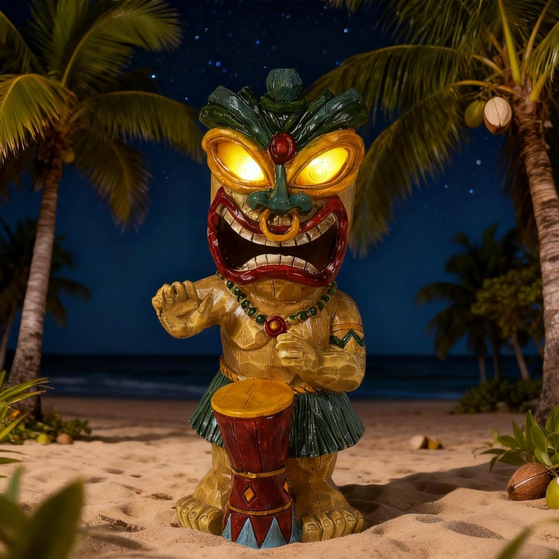 halp·ssfm Solar Tiki Garden Statue with LED Eyes Outdoor Polynesian Drummer Hawaiian Party Decor Solar Light Ornament for Patio Porch Lawn Tiki Bar or Tiki Lover Funny Stocking Stuffers Gifts - Image 1